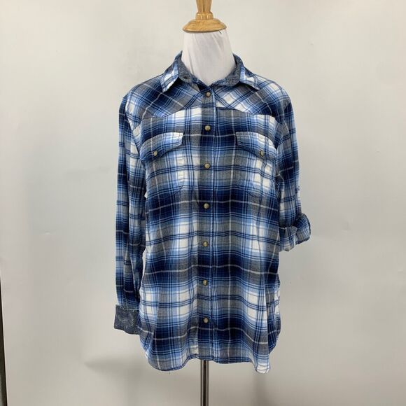 Jachs Girlfriend Shirt Women S Small Multi Plaid Flannel Snap Button Tab Sleeve - Picture 2 of 13
